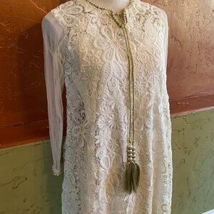 White Lace Crochet Net Long Maxi With Pearl Detailing